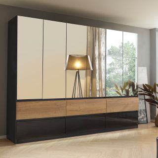 Armoire 271 cm WINDSOR avec 6 portes miroirs et 6 tiroirs en décor gris brillant et chene halifax