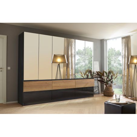 Armoire 271 cm WINDSOR avec 6 portes miroirs et 6 tiroirs en décor gris brillant et chene halifax