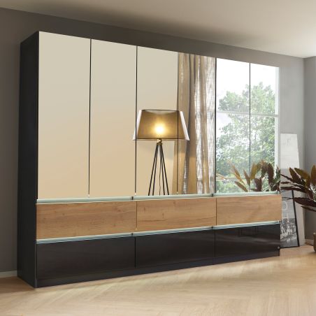 Armoire 271 cm WINDSOR avec 6 portes miroirs et 6 tiroirs en décor gris brillant et chene halifax