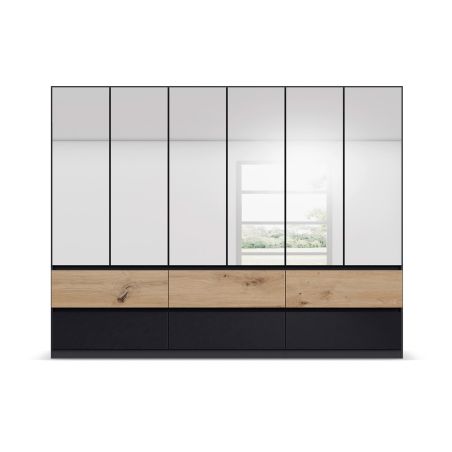 Armoire 271 cm WINDSOR avec 6 portes miroirs et 6 tiroirs en décor gris brillant et chene halifax