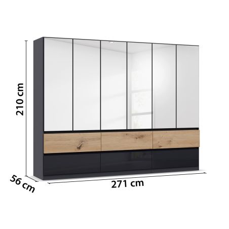 Armoire 271 cm WINDSOR avec 6 portes miroirs et 6 tiroirs en décor gris brillant et chene halifax