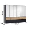 Armoire 271 cm WINDSOR avec 6 portes miroirs et 6 tiroirs en décor gris brillant et chene halifax