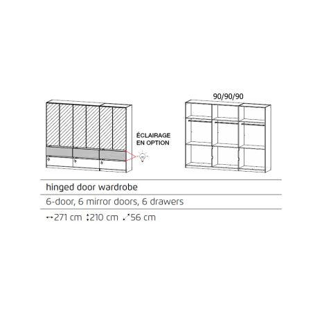 Armoire 271 cm WINDSOR avec 6 portes miroirs et 6 tiroirs en décor gris brillant et chene halifax