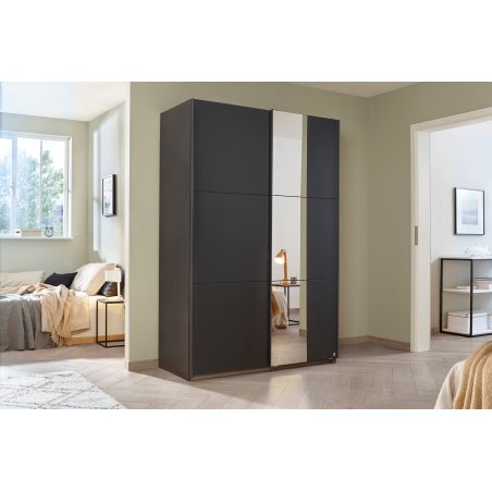 Armoire SCOTT 131 cm en gris métalique mat avec 2 portes coulissantes et miroir partiel