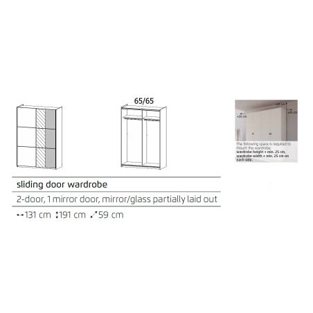 Armoire SCOTT 131 cm en gris métalique mat avec 2 portes coulissantes et miroir partiel