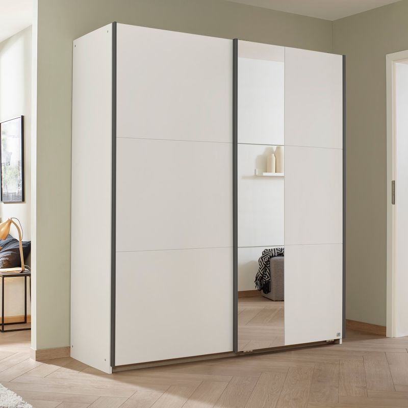 Armoire SCOTT 175 cm en blanc mat avec 2 portes coulissantes et miroir partiel