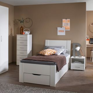 Lit futon ARAMIS 90 x 200 cm en blanc mat avec tête de lit et 2 tiroirs