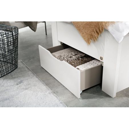 Lit futon ARAMIS 90 x 200 cm en blanc mat avec tête de lit et 2 tiroirs