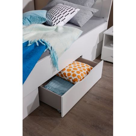 Lit futon ARAMIS 90 x 200 cm en blanc mat avec tête de lit et 2 tiroirs