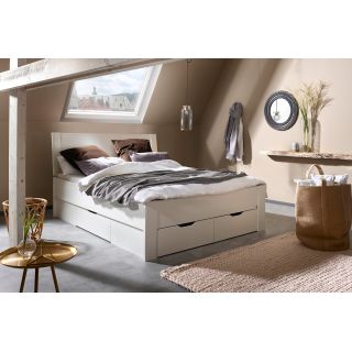 Lit futon ARAMIS 140 x 200 cm en blanc mat avec tête de lit et 4 tiroirs
