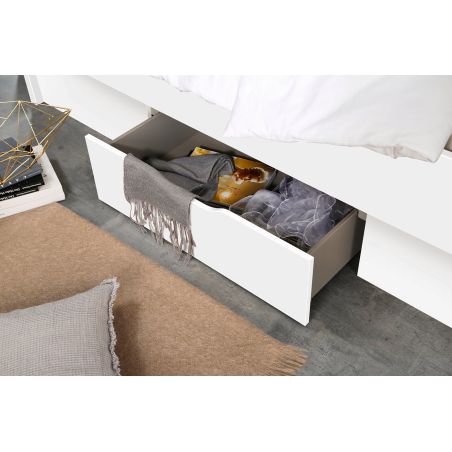 Lit futon ARAMIS 140 x 200 cm en blanc mat avec tête de lit et 4 tiroirs