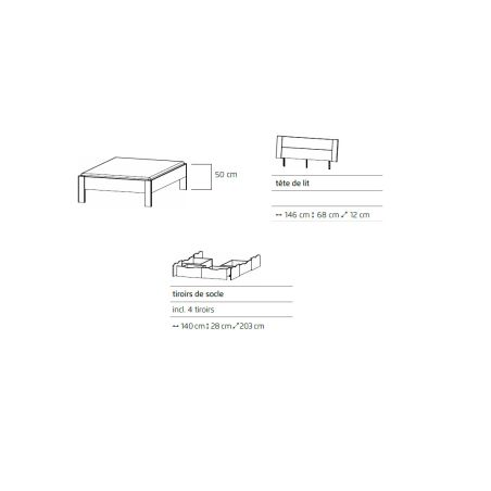 Lit futon ARAMIS 140 x 200 cm en blanc mat avec tête de lit et 4 tiroirs