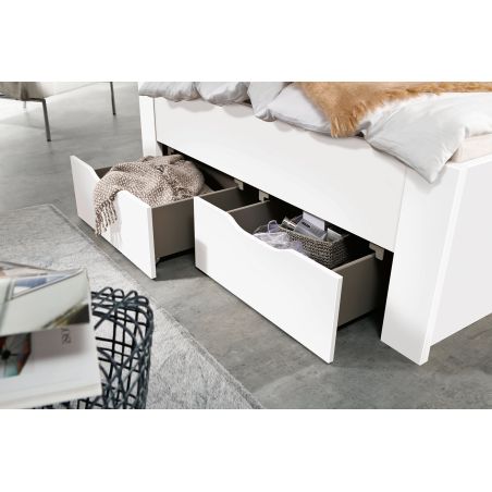 Lit futon ARAMIS 160 x 200 cm en blanc mat avec tête de lit et 4 tiroirs