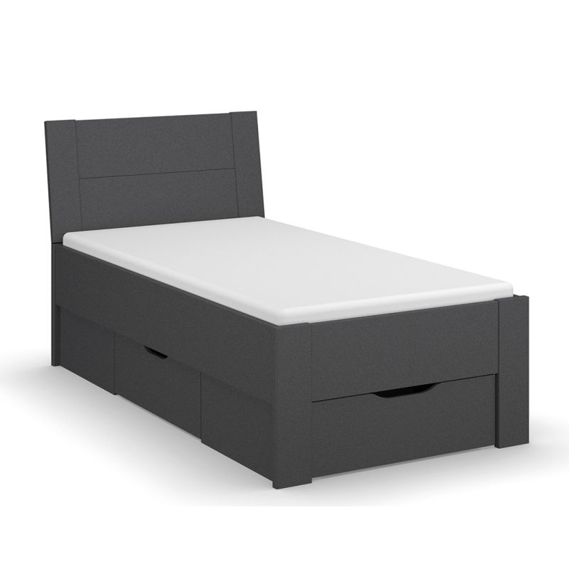 Lit futon ARAMIS 90 x 200 cm en gris mat avec tête de lti et 2 tiroirs