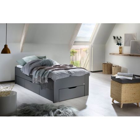 Lit futon ARAMIS 90 x 200 cm en gris mat avec tête de lti et 2 tiroirs