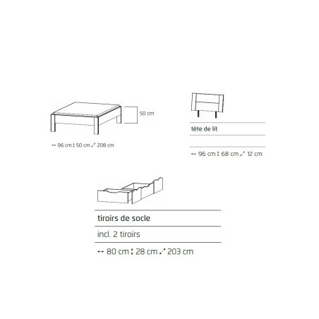 Lit futon ARAMIS 90 x 200 cm en gris mat avec tête de lti et 2 tiroirs