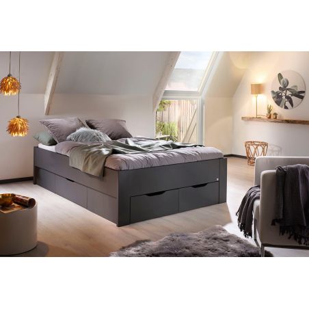 Lit futon ARAMIS 140 x 200 cm en gris mat avec tête de lit et 4 tiroirs