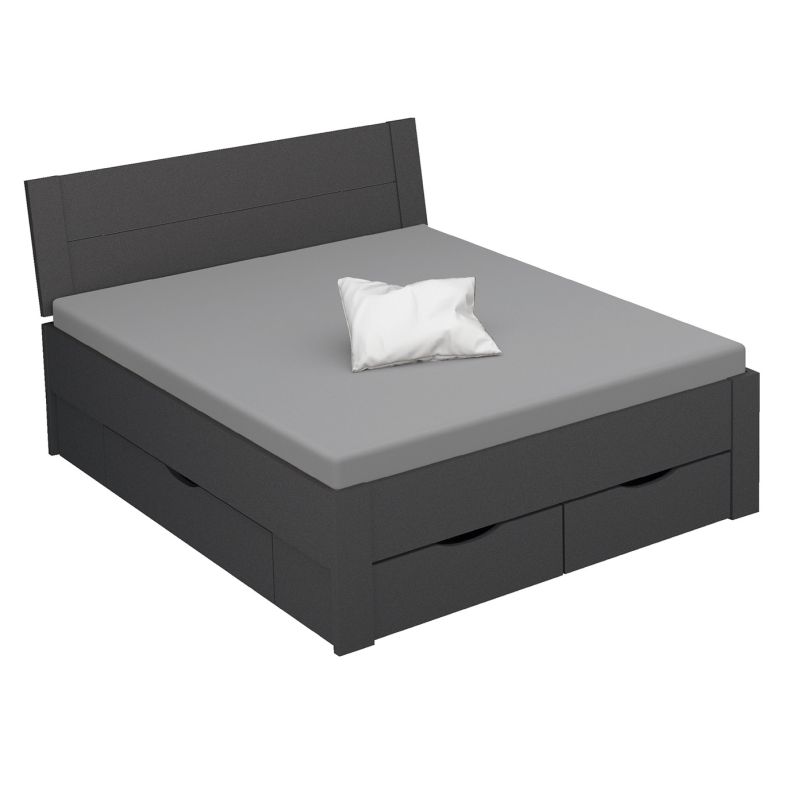 Lit futon ARAMIS 160 x 200 cm en gris mat avec tête de lit et 4 tiroirs