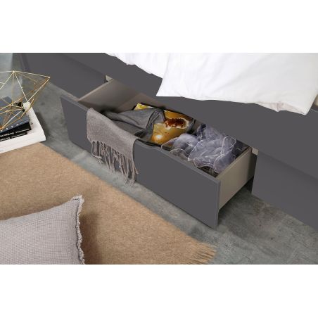 Lit futon ARAMIS 160 x 200 cm en gris mat avec tête de lit et 4 tiroirs