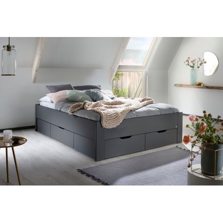 Lit futon ARAMIS 160 x 200 cm en gris mat avec tête de lit et 4 tiroirs