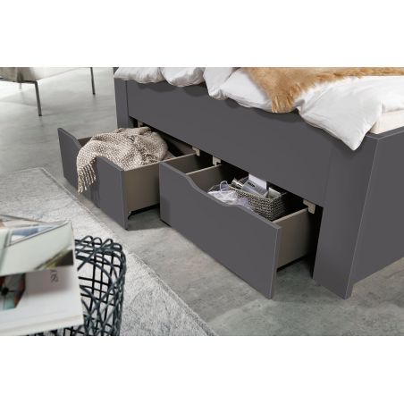 Lit futon ARAMIS 180 x 200 cm en gris mat avec tête de lit et 4 tiroirs