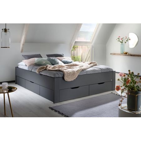 Lit futon ARAMIS 180 x 200 cm en gris mat avec tête de lit et 4 tiroirs