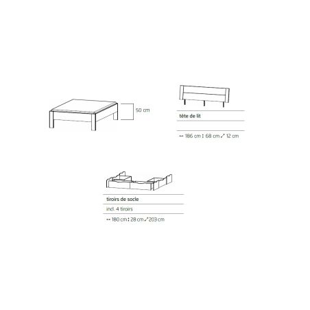 Lit futon ARAMIS 180 x 200 cm en gris mat avec tête de lit et 4 tiroirs