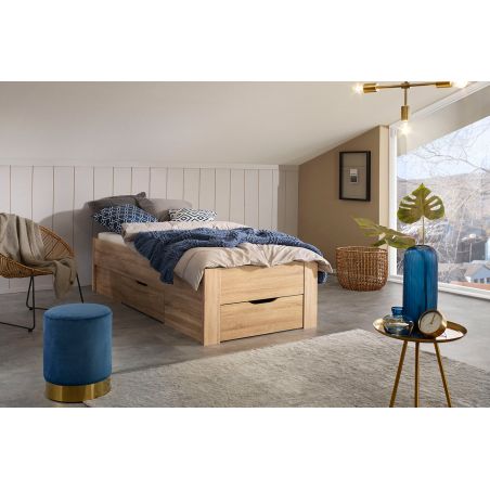 Lit futon ARAMIS 90 x 200 cm en décor chêne sonoma avec tête de lit et 2 tiroirs