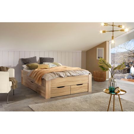 Lit futon ARAMIS 140 x 200 cm en décor chêne sonoma avec tête de lit et 4 tiroirs