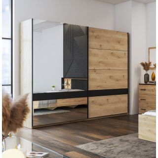 Armoire 244 cm KIRAN en décor chêne clair avec 2 portes coulissantes