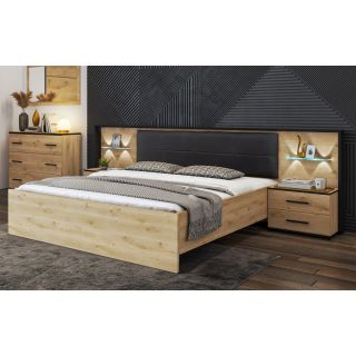 Lit adulte 160 cm KIRAN avec grande tête de lit et éclairage inclus