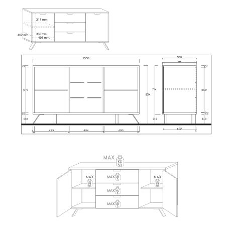 Buffet 2 portes - 3 tiroirs MAJORQUE 156 cm
