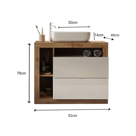 Meuble vasque BURGA 92 cm en blanc brillant et décor chene cadiz