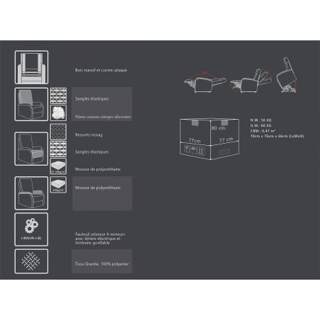 Fauteuil relax électrique en tissu gris ATHENA 4 moteurs avec lift