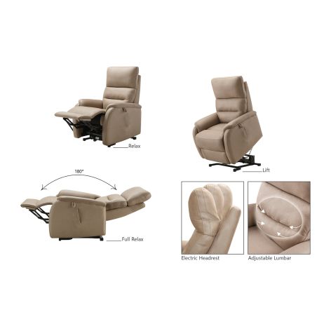 Fauteuil relax électrique en tissu beige mastic ATHENA 4 moteurs avec lift