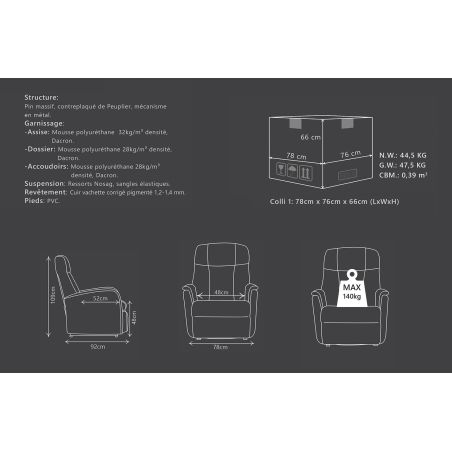 Fauteuil relax électrique HARLOW en cuir pvc noir avec lift