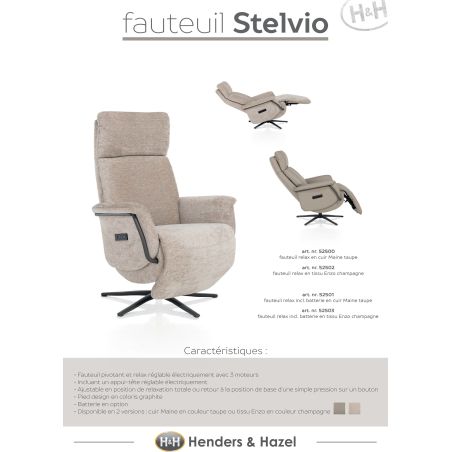Stelvio, fauteuil relax - électrique - pied graphite - appui-tête électrique - cuir Maine taupe