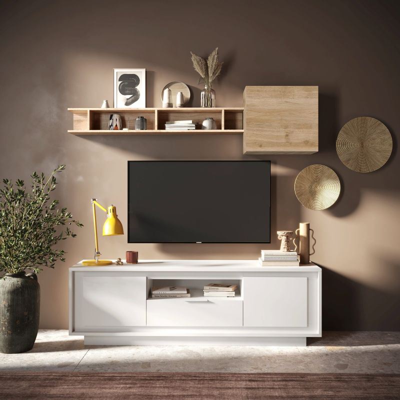 Meuble TV 2 portes 1 tiroir et 1 niche ANABELLA 2 BLANC MAT