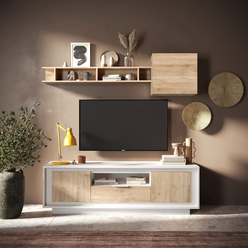 Meuble TV 2 portes 1 tiroir et 1 niche ANABELLA 2 BLANC CADIZ