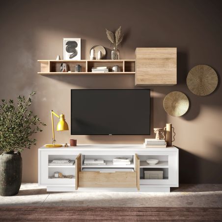 Meuble TV 2 portes 1 tiroir et 1 niche ANABELLA 2 BLANC CADIZ