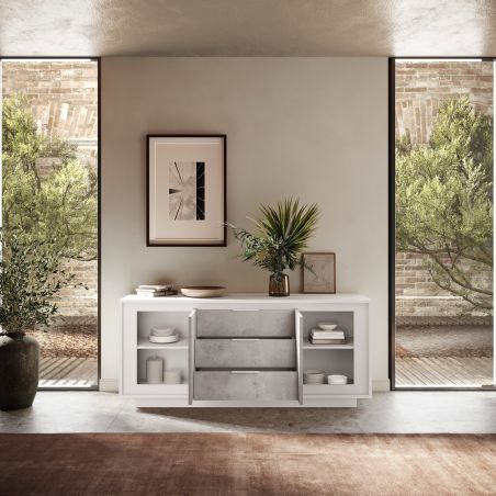 Buffet 2 portes 3 tiroirs ANABELLA 2 BLANC BETON
