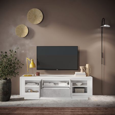 Meuble TV 2 portes 1 tiroir et 1 niche ANABELLA 2 BLANC BETON