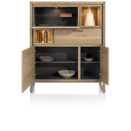 Nystead, buffet haut 125 cm. - 2-portes + 1-tiroir + 1-porte rabattante + 2-niches (+ LED) - Henders and Hazel