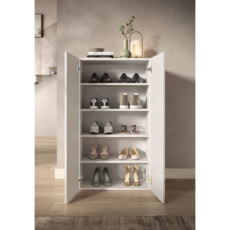 Armoire a chaussures 2 portes JERRY en blanc brillant hauteur 116 cm