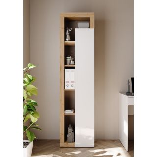 Armoire bibliothèque BURGA en blanc brillant et décor chêne cadiz