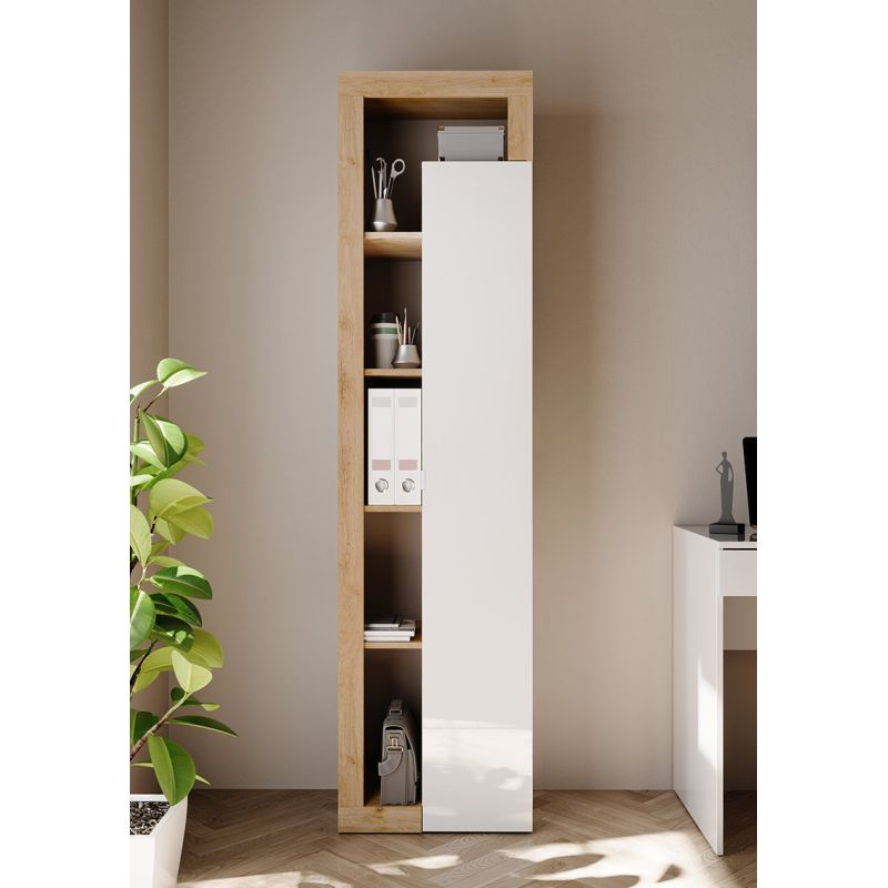 Armoire bibliothèque BURGA en blanc brillant et décor chêne cadiz