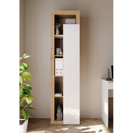 Armoire bibliothèque BURGA en blanc brillant et décor chêne cadiz