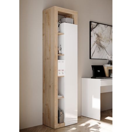 Armoire bibliothèque BURGA en blanc brillant et décor chêne cadiz