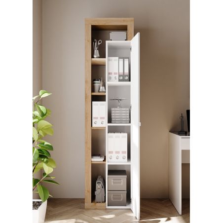 Armoire bibliothèque BURGA en blanc brillant et décor chêne cadiz