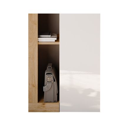 Armoire bibliothèque BURGA en blanc brillant et décor chêne cadiz